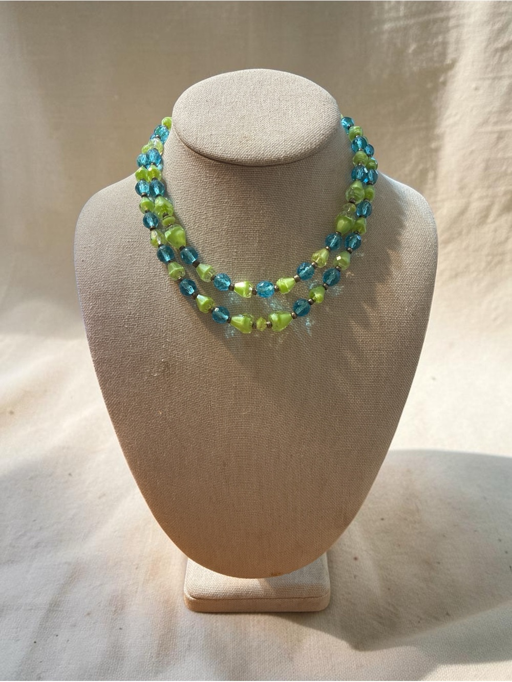 West Germany Green & Blue Glass Bead Double-Strand Necklace ~ 14.5 + 1.5 Inches